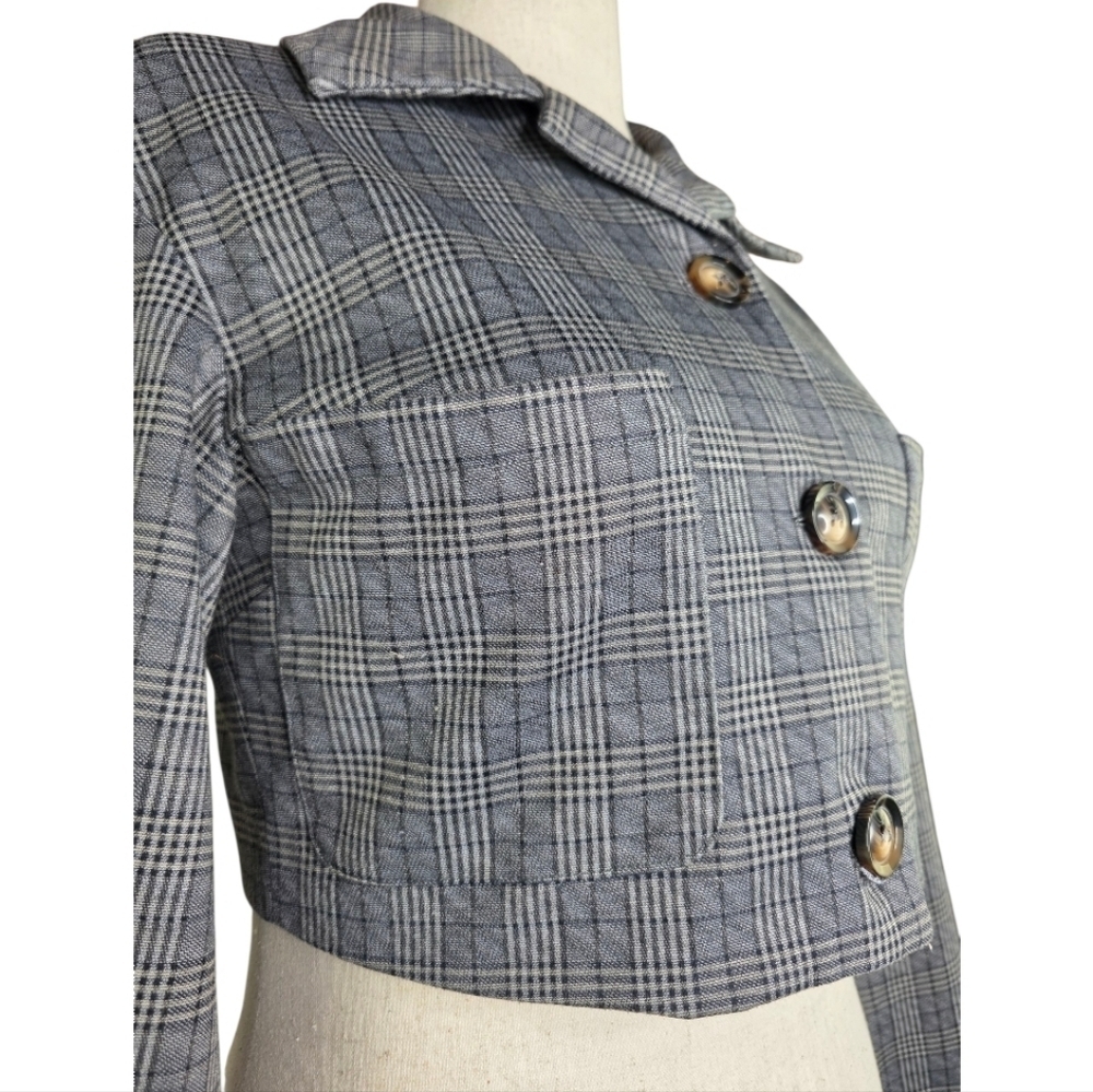 Farrow M Cropped Plaid Button Front Jacket Glen Check Boxy Stretch Blazer - Picture 4 of 10